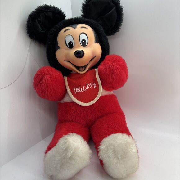 Vintage Japan Rubber Face Mickey Mouse Plush Toy Walt Disney Productions Bib - Picture 1 of 6